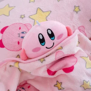 Kirby 2-i-1 plyschkudde med filt, rosa kawaii-design i tecknad stil för tupplur