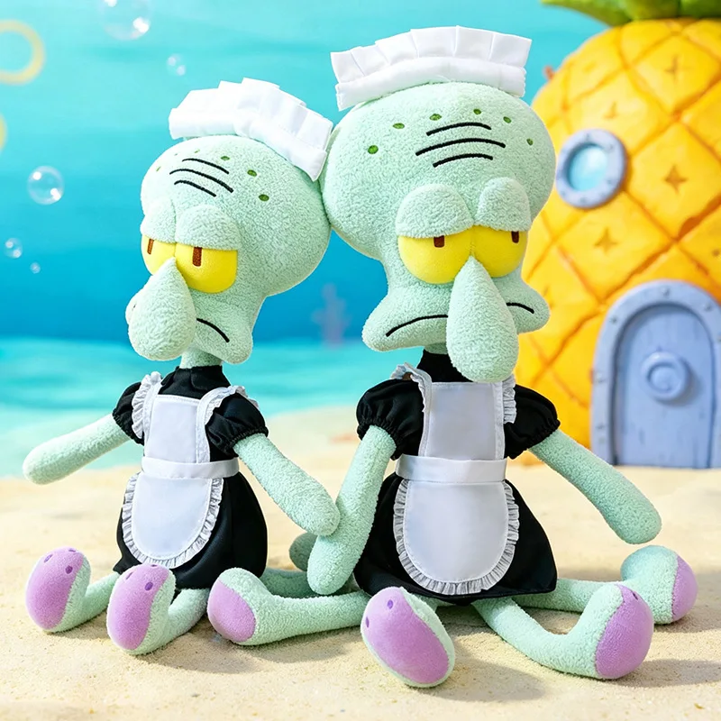 Squidward Quincy Tentacles gosedjur som bläckfiskkudde i tecknad stil, 40–50 cm 21 Två bläckfiskplyschfigurer i olika storlekar framför en färgstark undervattensbakgrund.