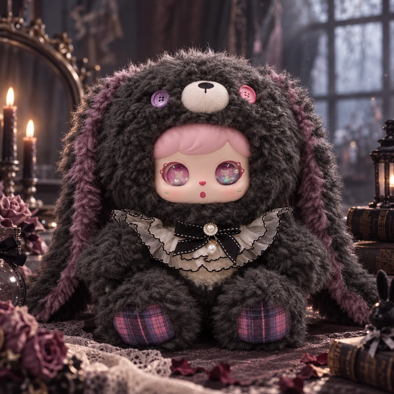 Sweet Bunny Wonderland, set med nio mjuka och fluffiga kanindockor i kawaii-stil 35 Visa den mörkgrå kaninfiguren med rosa kantdetaljer och rutiga partier.