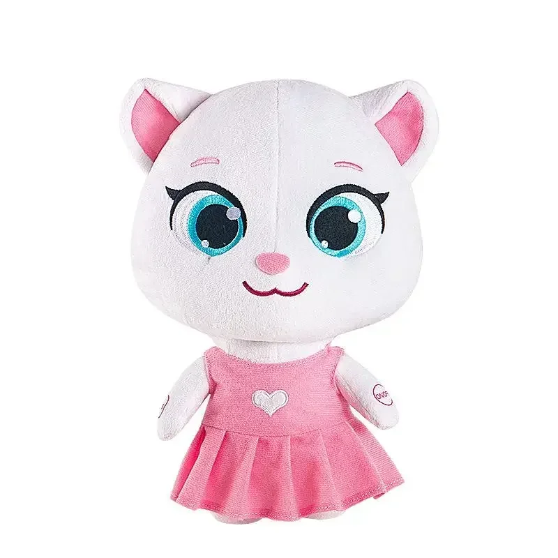 Talking Tom katt gosedjur som upprepar det du säger, mjuk plyschkudde, 28 cm 25 Vit kattfigur med blå ögon och rosa klänning, fotograferad framifrån.