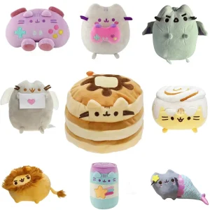 Pusheen katt och enhörning gosedjur i kawaii-stil med munk, glass- och pizzamotiv