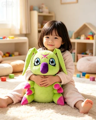 Wormmon gosedjur från anime-serien Digimon Adventure, mjuk stoppad figur på, 40 cm 18 Visa den gröna larvliknande figuren i barnets famn, framifrån.
