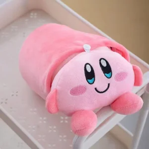 Kirby 2-i-1 plyschkudde med filt, rosa kawaii-design i tecknad stil för tupplur