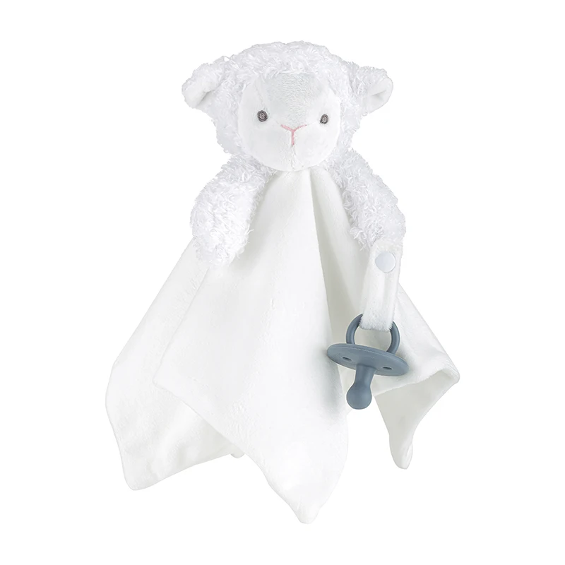Får och lamm som mjuk snuttefilt med napphållare och sött broderat fårmotiv 18 Vit lammformad snuttefilt med grå napphållare.