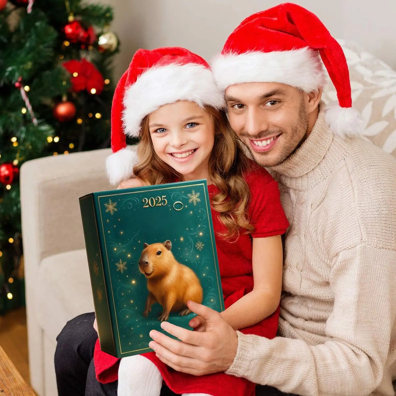 Kapybara adventskalender med julfigurer och julprydnader för nedräkning till jul 23 En vuxen och ett barn visar en capybara-julkalender framför en julgran.