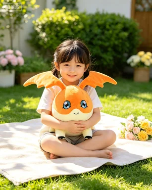 Patamon gosedjur, tecknad and anime style och mjuk, digimon stil vingar högt, 35 cm 18 Ett barn håller den orange och cremefärgade figurdockan utomhus.