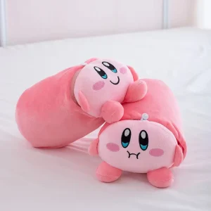 Kirby 2-i-1 plyschkudde med filt, rosa kawaii-design i tecknad stil för tupplur