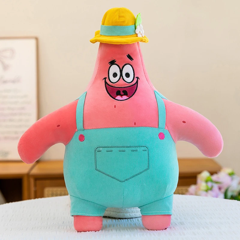 Patrick Star gosedjur som tecknad plyschkudde från SpongeBob SquarePants, 40–80 cm 23 Visa den rosa stjärnfiguren framifrån med gula hatten och turkosa hängselbyxor.