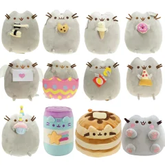 Pusheen katt och enhörning gosedjur i kawaii-stil med munk, glass- och pizzamotiv