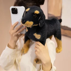 Rottweiler-hund gosedjur med realistiskt 3D-utseende, svart färg och stående pose