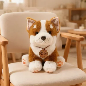 Corgi gosedjur som sittande hundkudde och dekorativ plyschkudde i tecknad stil