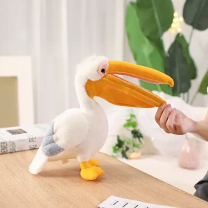 Pelican gosedjur med tecknad stil, realistiskt utseende och mjuk fågelform i vitt
