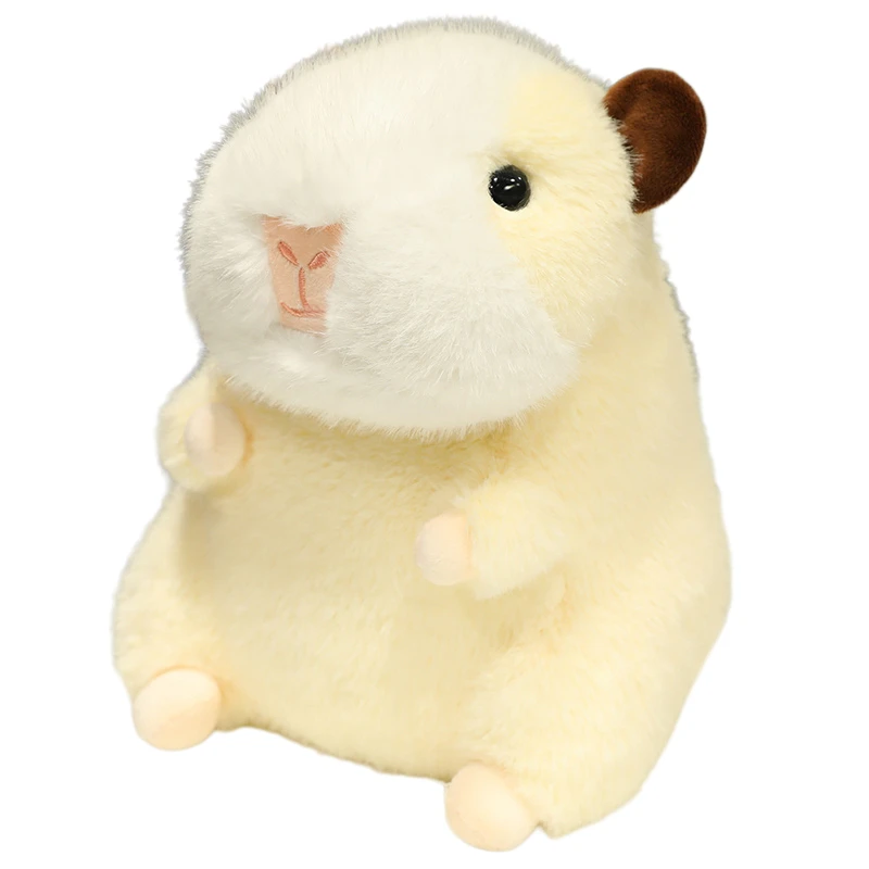 Gris och hamster gosedjur med knubbig tecknad form i brunt och beige, 23 cm 24 Gräddfärgad hamsterplysch med ljus nosparti och ett brunt öra.