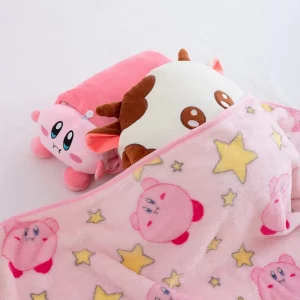 Kirby 2-i-1 plyschkudde med filt, rosa kawaii-design i tecknad stil för tupplur