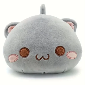 Katt gosedjur i liggande kawaiistil som mjuk kattkudde med gulligt, tecknat uttryck