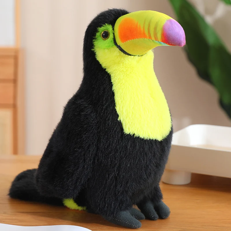 Toucan gosedjur med färgstark näbb, mjuk fågel i gult, blått, rött och vitt, 20–40 cm 27 Mjukistukan visas sittande med svart kropp, limegrönt bröst och färgstark näbb.