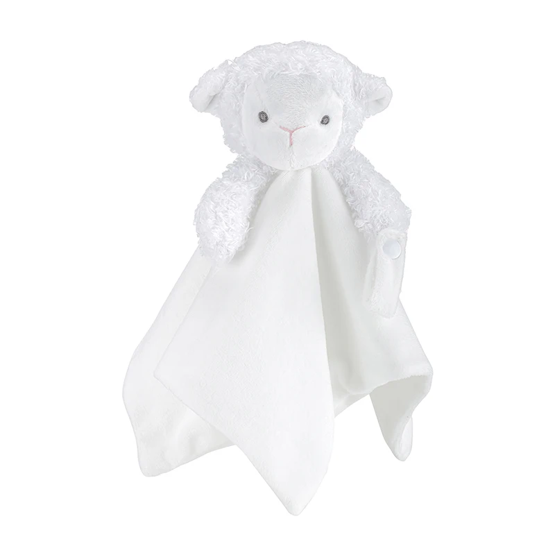 Får och lamm som mjuk snuttefilt med napphållare och sött broderat fårmotiv 19 Vit lammformad snuttefilt sedd framifrån.