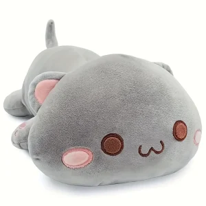 Katt gosedjur i liggande kawaiistil som mjuk kattkudde med gulligt, tecknat uttryck
