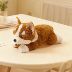 Corgi gosedjur som sittande hundkudde och dekorativ plyschkudde i tecknad stil