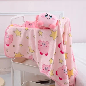 Kirby 2-i-1 plyschkudde med filt, rosa kawaii-design i tecknad stil för tupplur
