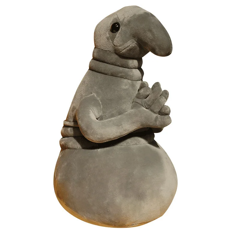 Gosedjur med flera figurvarianter, formade som humoristiska plyschkuddar i statystil 20 Grå sittande plyschfigur visad i sin helhet mot vit bakgrund.