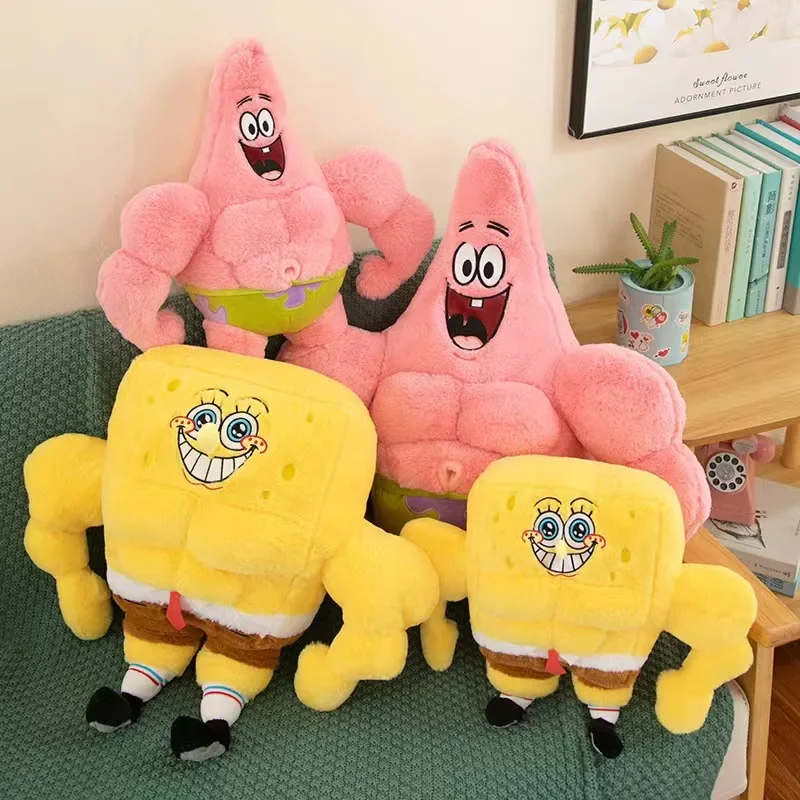 SpongeBob SquarePants-karaktärer gosedjur i animeinspirerad tecknad stil, 35–65 cm 20 Rosa stjärnformade och gula fyrkantiga gosedjur visas tillsammans i olika storlekar.