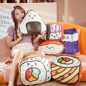 Dekorativ 3D-plyschkudde i japansk tecknad stil med onigiri, sushi och mjölkmotiv