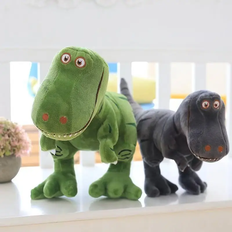 Tecknat dinosaurie gosedjur med ett sött tryck och storleksintervallet, 40–55 cm 19 Grön och mörkgrå dinosaurieplysch visas tillsammans.