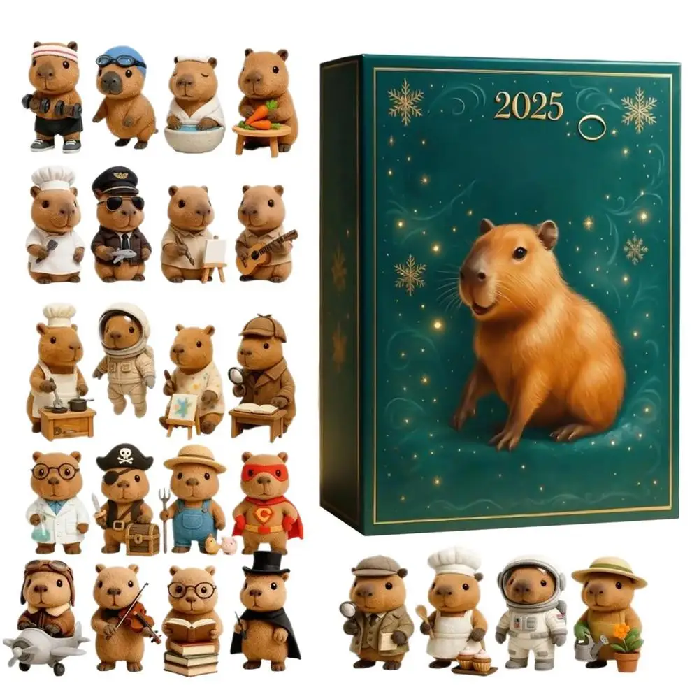 Kapybara adventskalender med julfigurer och julprydnader för nedräkning till jul 21 Capybarakalender med illustrerad framsida och flera små figurer i olika kläder och poser.
