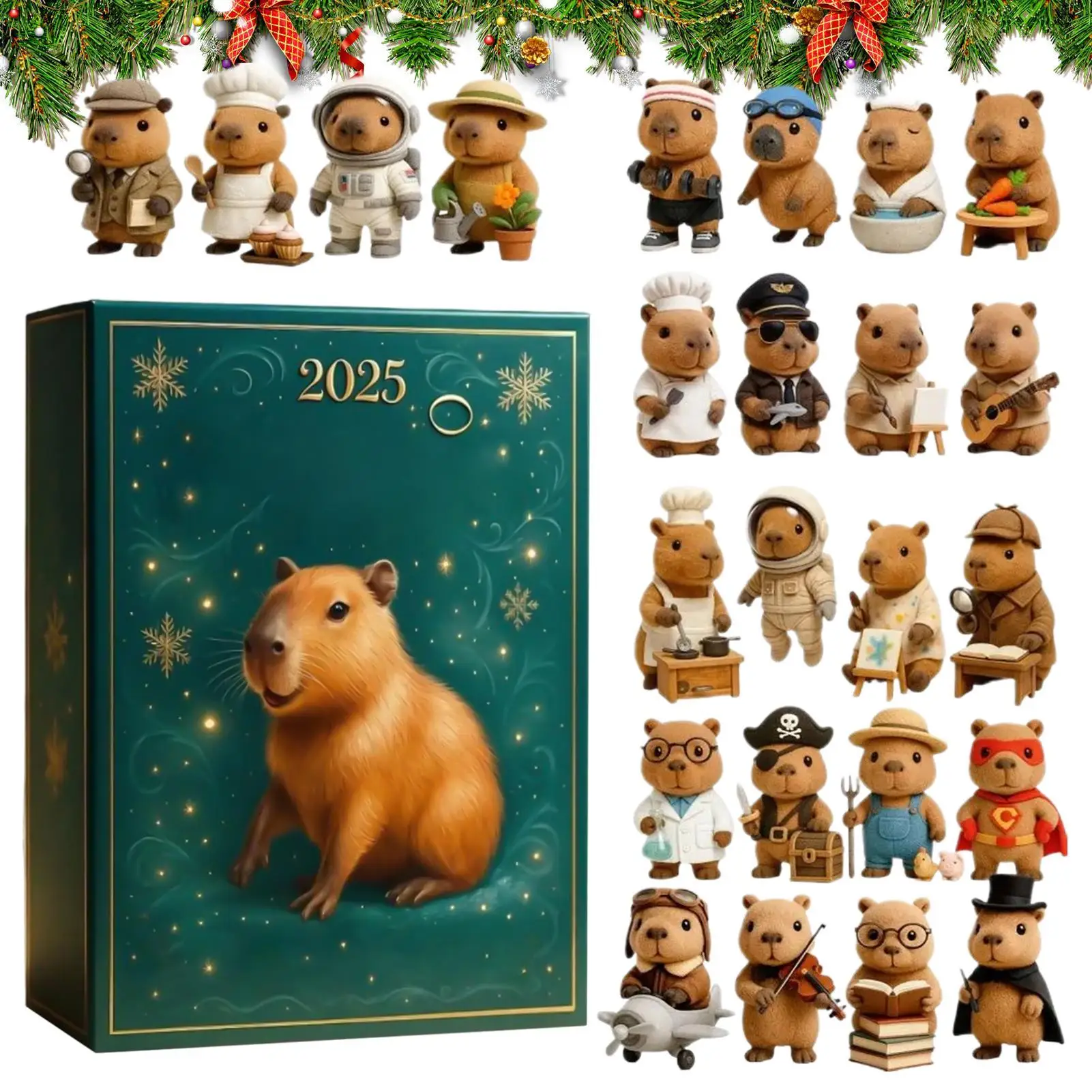 Kapybara adventskalender med julfigurer och julprydnader för nedräkning till jul 20 Adventskalender med brun kapybara och flera små kapybarafigurer i olika kläder.
