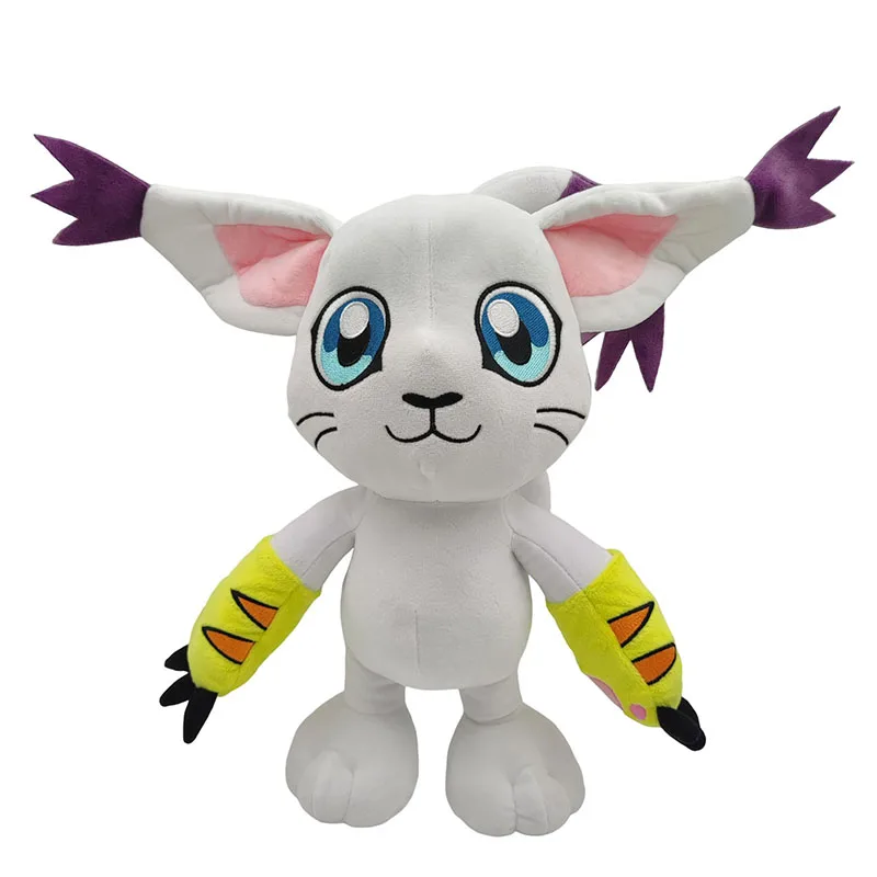 Agumon gosedjur från Digimon i tecknad anime-stil med dinosaurieform, 30 cm 23 Vit kattliknande plyschfigur med långa öron, blå ögon och färgstarka detaljer.