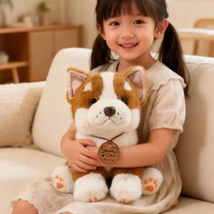 Corgi gosedjur som sittande hundkudde och dekorativ plyschkudde i tecknad stil