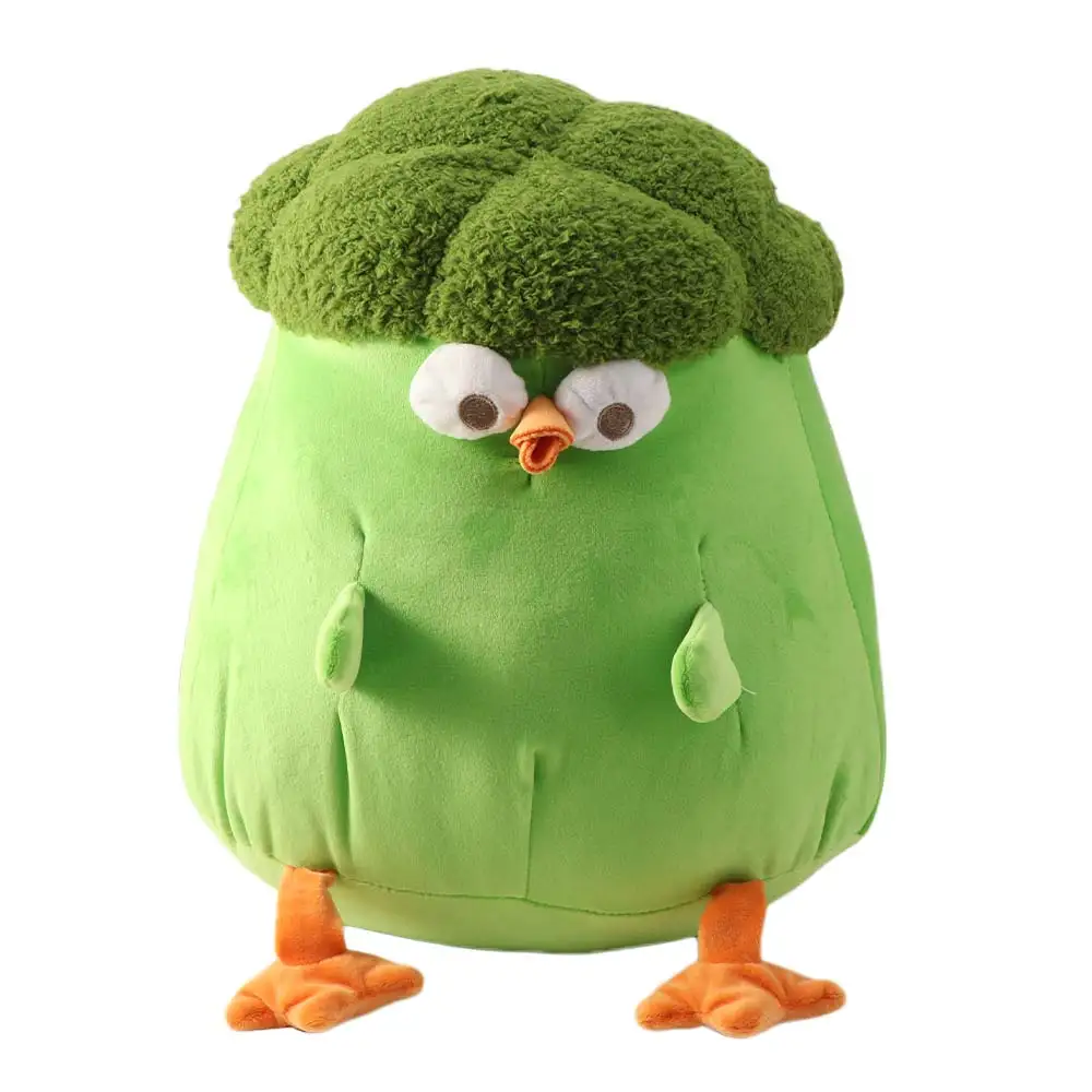 Kyckling gosedjur med broccoliinspirerad design i söt, tecknad och kreativ stil 21 Kycklingplysch framifrån med broccoliformad hjässa, små vingar och orange fötter.