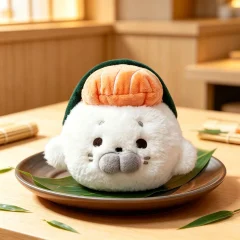 Säl gosedjur på, mjukt kramdjur med söt och lekfull design av lax-sushi, 18 cm