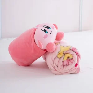 Kirby 2-i-1 plyschkudde med filt, rosa kawaii-design i tecknad stil för tupplur